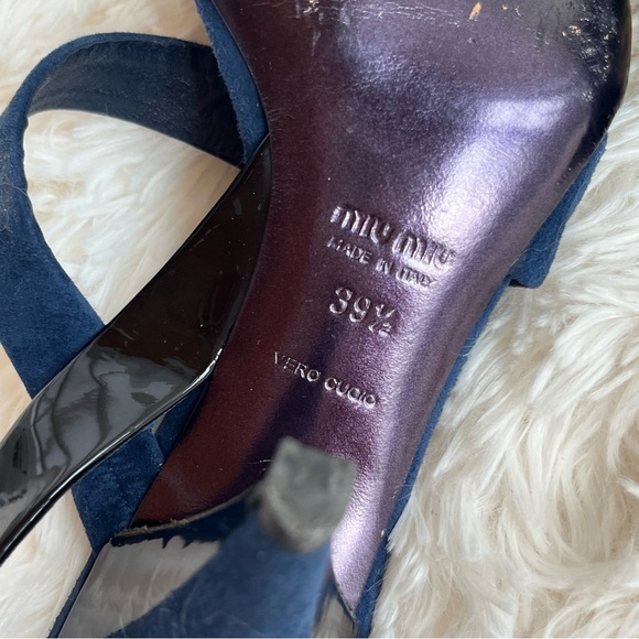 Miu Miu Navy Blue Suede Black Patent Leather Slingback Heels Sandals Size 9.5 - Picture 12 of 14